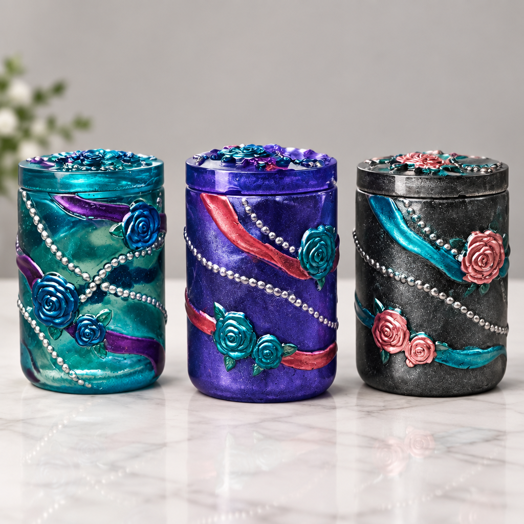 Roses Pearls & Ribbons Jar With Lid ~                                                         3 3/4”H x 3”W ~                     $22.00 Each