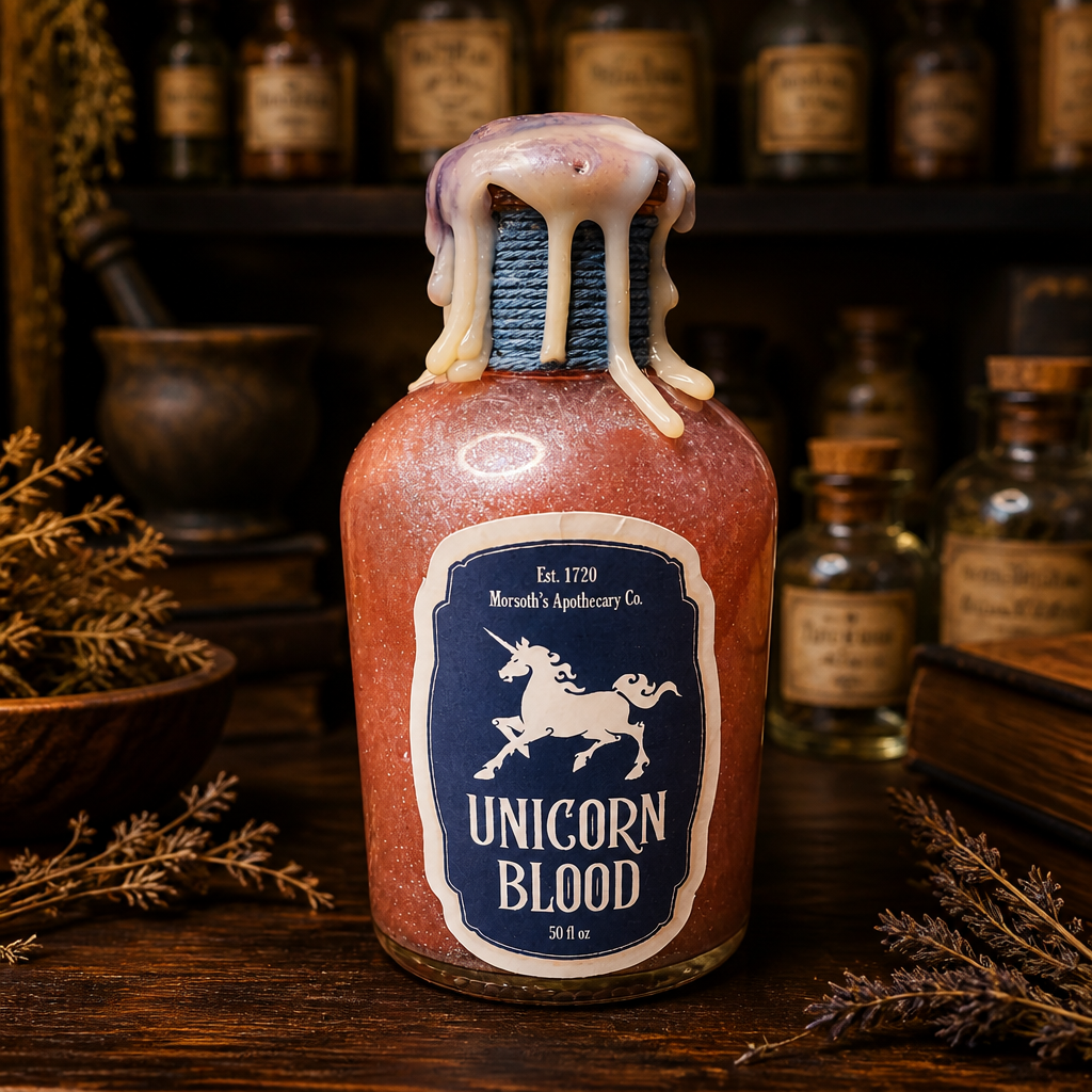 Potion Bottles ~ Unicorn Blood, Venomous Calendula ~ 4 1/2”H x 2 1/4”W ~ $25.00 Each